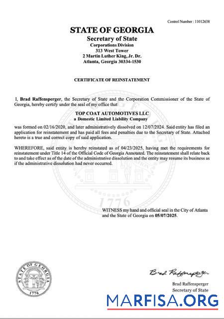 Realistic USA Georgia certificate of reinstatement Word and PDF template